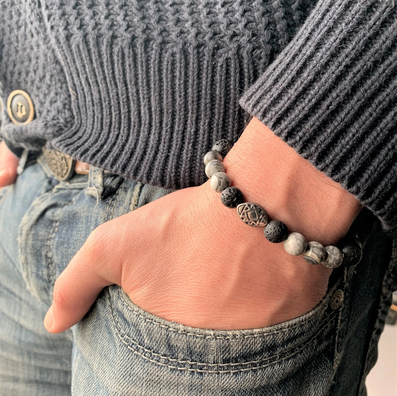 Bracelet VÉSUVE - Jaspe gris, Lave et acier inoxydable
