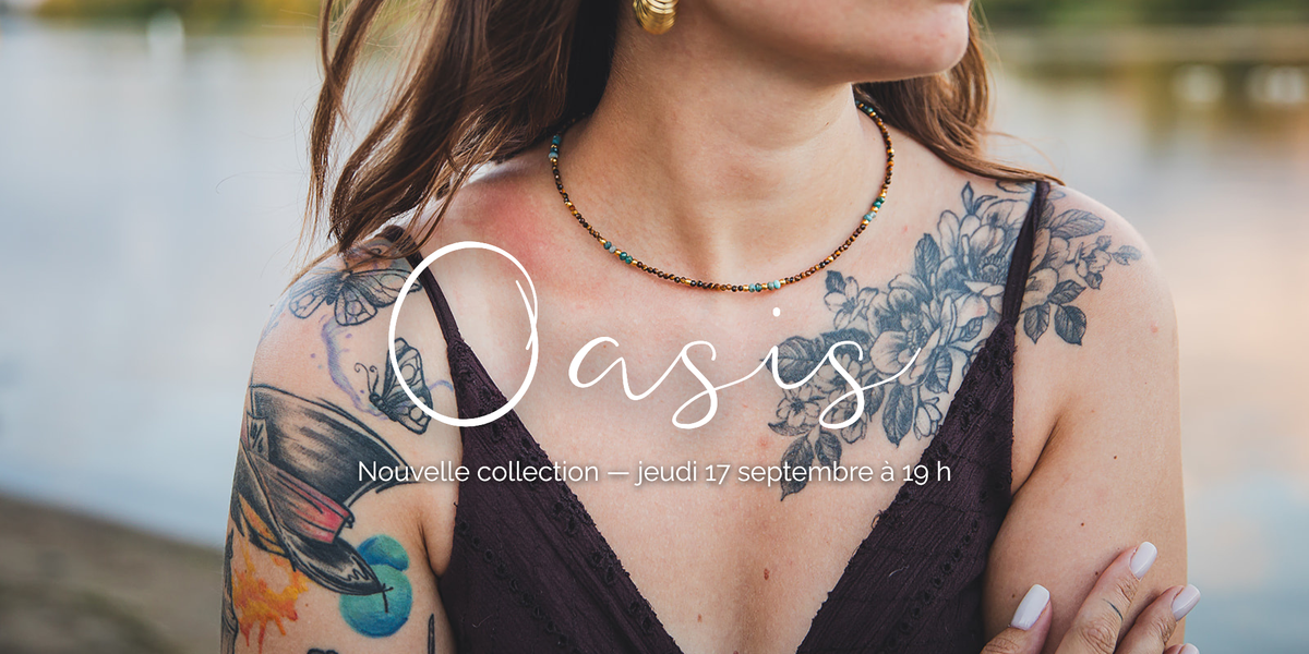 Collier Atlas en œil de tigre et apatite porté, bannière de lancement de la collection Oasis de Lunaki Design