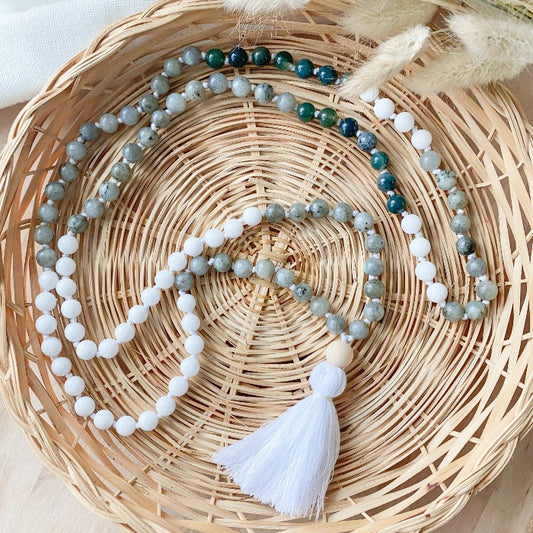PEACE mala necklace - Labradorite, White Jade and Moss Agate