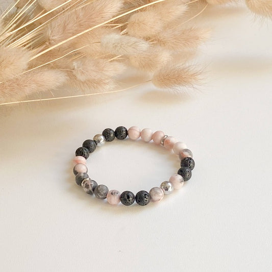 JASPE diffuser bracelet - Pink zebra jasper, Hematite, black lava stones and stainless steel