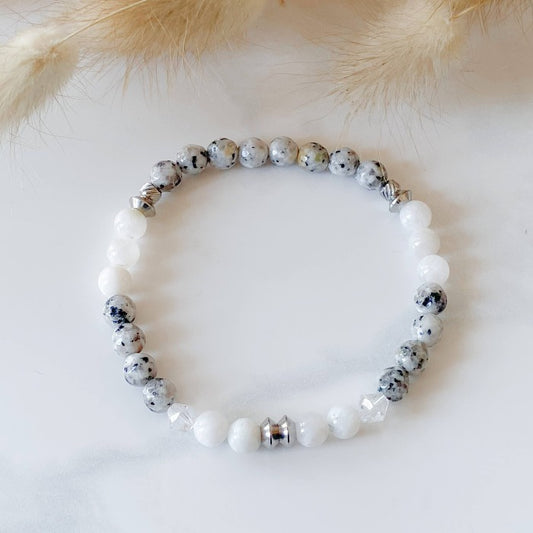 DANS LA LUNE bracelet - White Labradorite, Larvikite and stainless steel