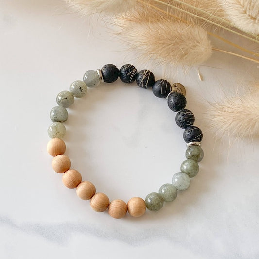 AILIS bracelet - Labradorite, black lava stones, cedar wood and silver stainless steel